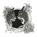 outlines of two black wolves gnawing a human skull entwined with vines tattoo design idea