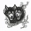 outlines of two black wolves gnawing a human skull entwined with vines tattoo design idea