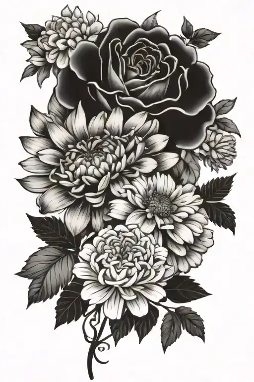 daisy, rose, carnation,chrysanthemum tattoo design idea