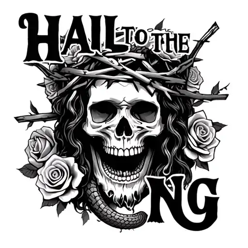 "Hail To The King" skull wearing jesus' crown of thorns with roses intertwined and a cobra through the mouth tattoo design idea