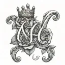 letter N in cursive text with female crown and roses tattoo design idea