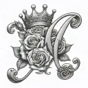 letter N in cursive text with female crown and roses tattoo design idea