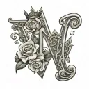 letter N in cursive text with female crown and roses tattoo design idea