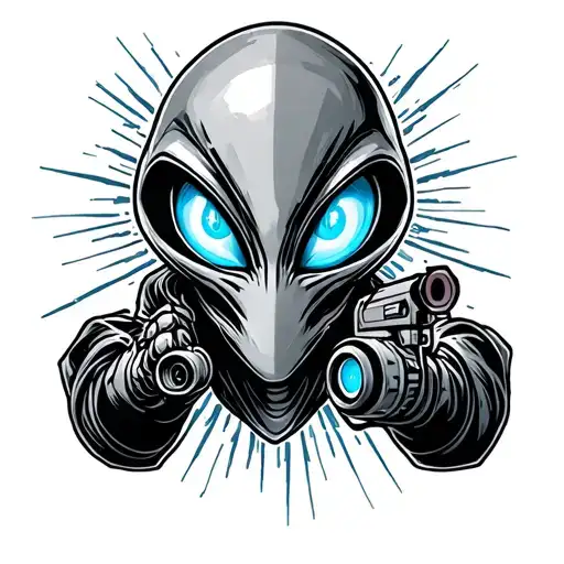 alien with blue eyes and ray gun tattoo design idea