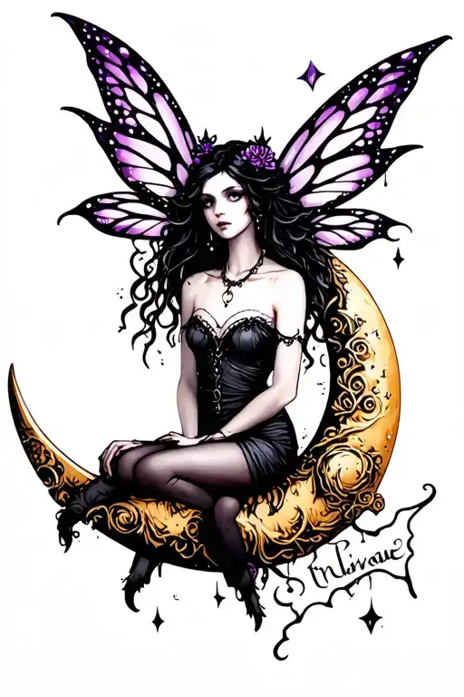 Goth fairy sitting on Crescent moon tattoo design idea