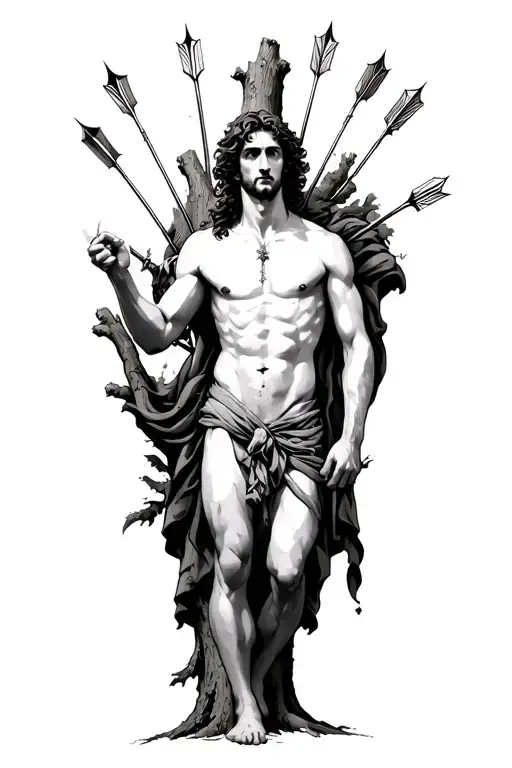 Saint Sebastian, tied to a tree trunk, pierced with five arrows in the chest, shoulder, stomach, arm and neck. tattoo design idea