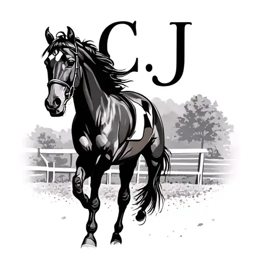 a full racing horse and the letters C J F, not just behind the horse but incorporated better and in cursive font  tattoo design idea