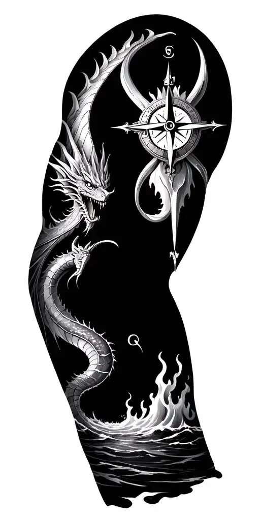 nautical themes with a compass and water on the upper arm  and the water turns into fire with a dragon on the forearn tattoo design idea