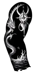 nautical themes with a compass and water on the upper arm  and the water turns into fire with a dragon on the forearn tattoo design idea