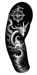 nautical themes with a compass and water on the upper arm  and the water turns into fire with a dragon on the forearn tattoo design idea