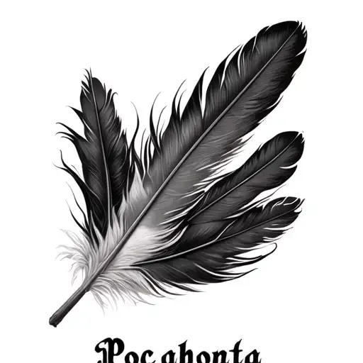 A fine feather composed of the word pocahontas as well as a few ends of feathers tattoo design idea
