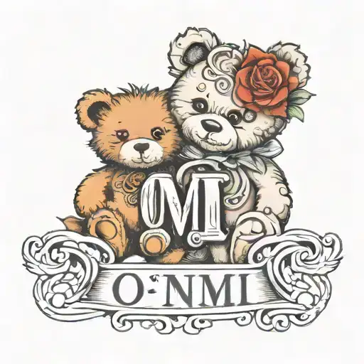 the word omi and the birthday 5/16/39 in roman numerals and also include a little teddy bear  tattoo design idea