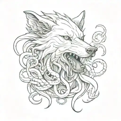 wolf's head and octopus tentacles, wrapping dynamically around the wolf, creating a sense of entanglement and movement tattoo design idea