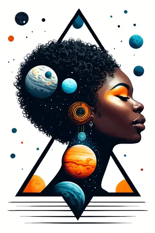 Afro-futuristic woman face with planets or moons inside 3 triangles tattoo design idea