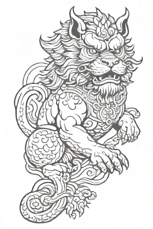 foo dog holding orb tattoo design idea