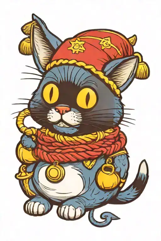 Design a cute fat blue cat tattoo, old school style, wearing a hamburger mask on his head, the hamburger mask covers his entire head, and a red and yellow Japanese style rope is tied around his neck, with a red round bell on the rope; big round eyes, big black pupils, yellow eye bottom; standing ears; the cat's name "Cola" is in front of the tattoo tattoo design idea
