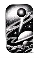 galactic scene with a comet, nebula, ringed planet, stars, a tiny starship in the distance, and stardust tattoo design idea