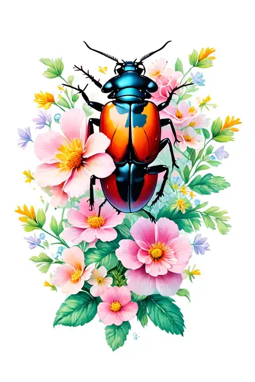 love bug surrounded by delicate flowers tattoo design idea