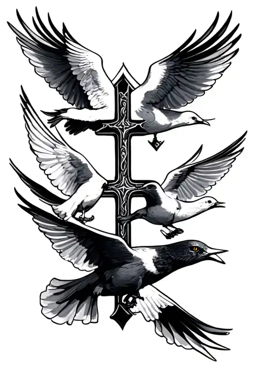 small neck tattoo with three doves and a cross in the middle  tattoo design idea
