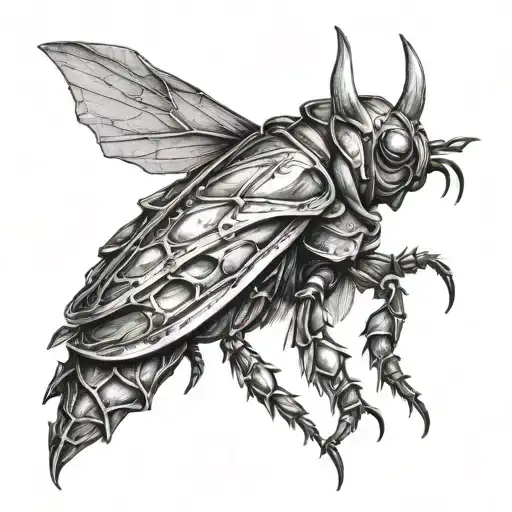 rhino beetle crawl on the leafs, chaotic lines around  tattoo design idea