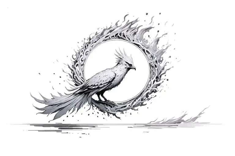 circular shape inspired by Arrival movie symbols, abstract phoenix breaking apart into ashes and reforming, symbolizing  tattoo design idea