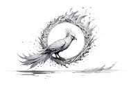 circular shape inspired by Arrival movie symbols, abstract phoenix breaking apart into ashes and reforming, symbolizing  tattoo design idea