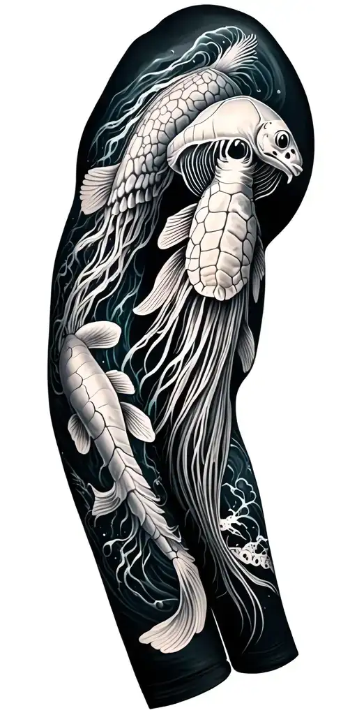 jellyfish, angler fish, sea turtle, and koi arm sleeve tattoo design idea