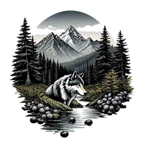 mountains with a wolf, southern long leaf pines, huckleberries, and a river tattoo design idea