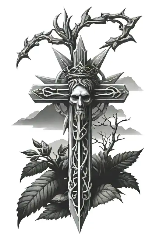 forearm cross and mountains with trees and crown of thorns tattoo design idea