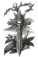 forearm cross and mountains with trees and crown of thorns tattoo design idea