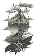 forearm cross and mountains with trees and crown of thorns tattoo design idea