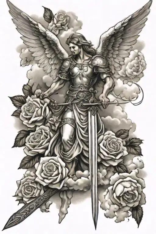 angel holding a sword surrounded by roses and clouds tattoo design idea