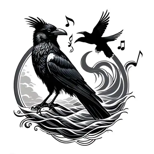 crow and farmer with a pure sign entwined, swallows above and waves flowing, Capricorn sign musical note, losses, travel tattoo design idea