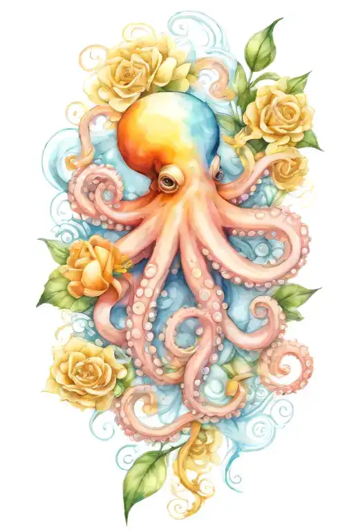 octopus, snowdrop, rose,  marigold flower tattoo design idea
