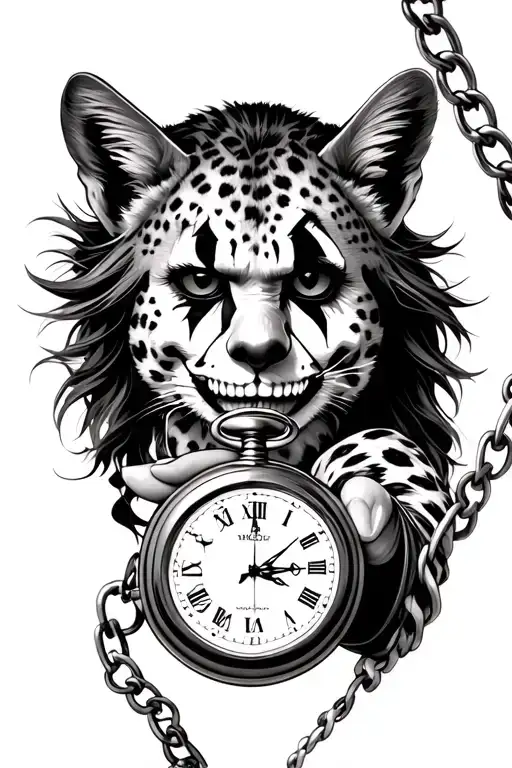 Joker face holding pocket watch with cheetah tattoo design idea