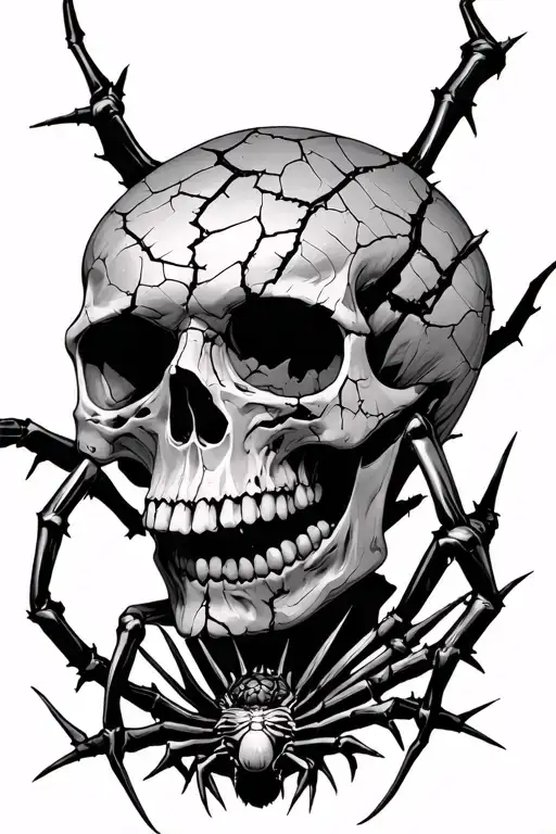 Cracked skull with spider legs and thorns at the bottom of the skull tattoo design idea