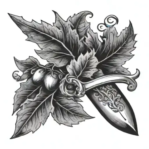 stiletto oak leaves scroll heart in handle of knife tattoo design idea