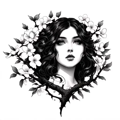 cherry blossom tree with a womens face surrounded tattoo design idea