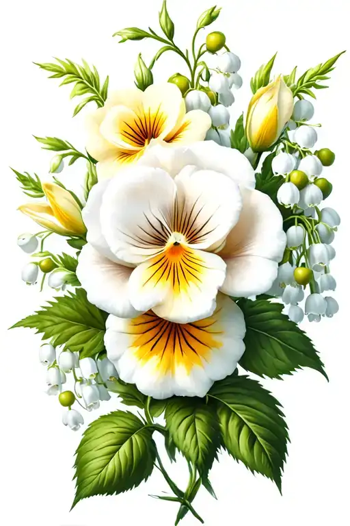 white rose, pansy, buttercup and lily of the valley  tattoo design idea