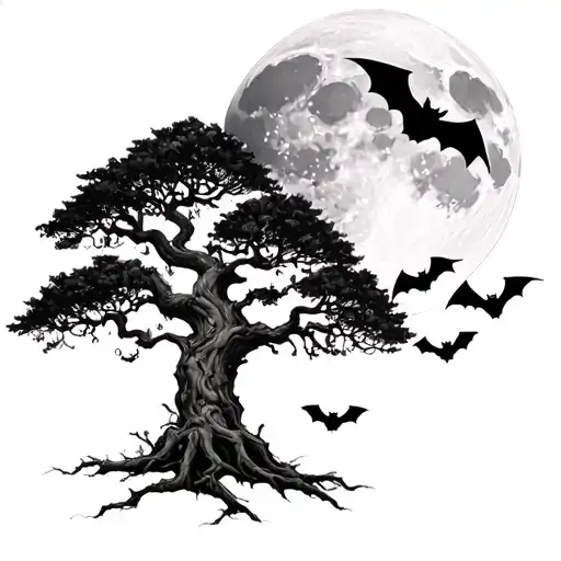 posion tree with moon and bats making the tree look kinda natural but in a eeri dark past kinda way, 3 bats and full moo tattoo design idea