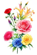 red carnation, blue rose, pink aster, yellow Gladiolus tattoo design idea