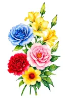 red carnation, blue rose, pink aster, yellow Gladiolus tattoo design idea