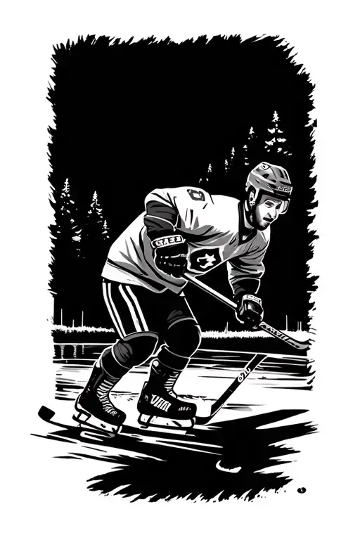hockey player playing hockey on a frozen lake. Canadian landscape tattoo design idea