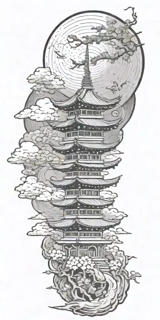 One "burning" pagoda temple with cherry blossoms, around clouds and dragons, while above there is the moon with a fox  tattoo design idea