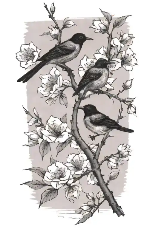sideways skinny spooky scary cherry branch with minimal blossoms and four very small solid black birds sitting  tattoo design idea