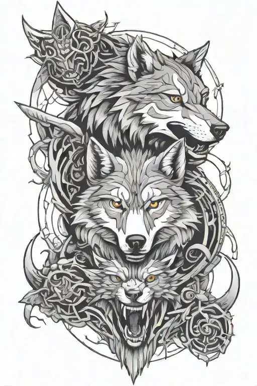 Wolves and Tamil God weapon formed tattoo design idea