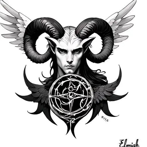 A half -angel man mie demon with the sign of the ram zodiac and the signature of my guardian angel Elemiah. The demon wing tattoo design idea