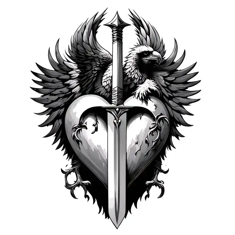 Heart with a sword piercing through it centered on a phoenix behind the heart and sword.  tattoo design idea