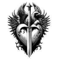 Heart with a sword piercing through it centered on a phoenix behind the heart and sword.  tattoo design idea