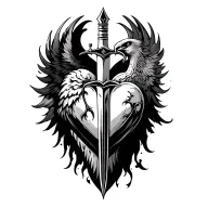 Heart with a sword piercing through it centered on a phoenix behind the heart and sword.  tattoo design idea
